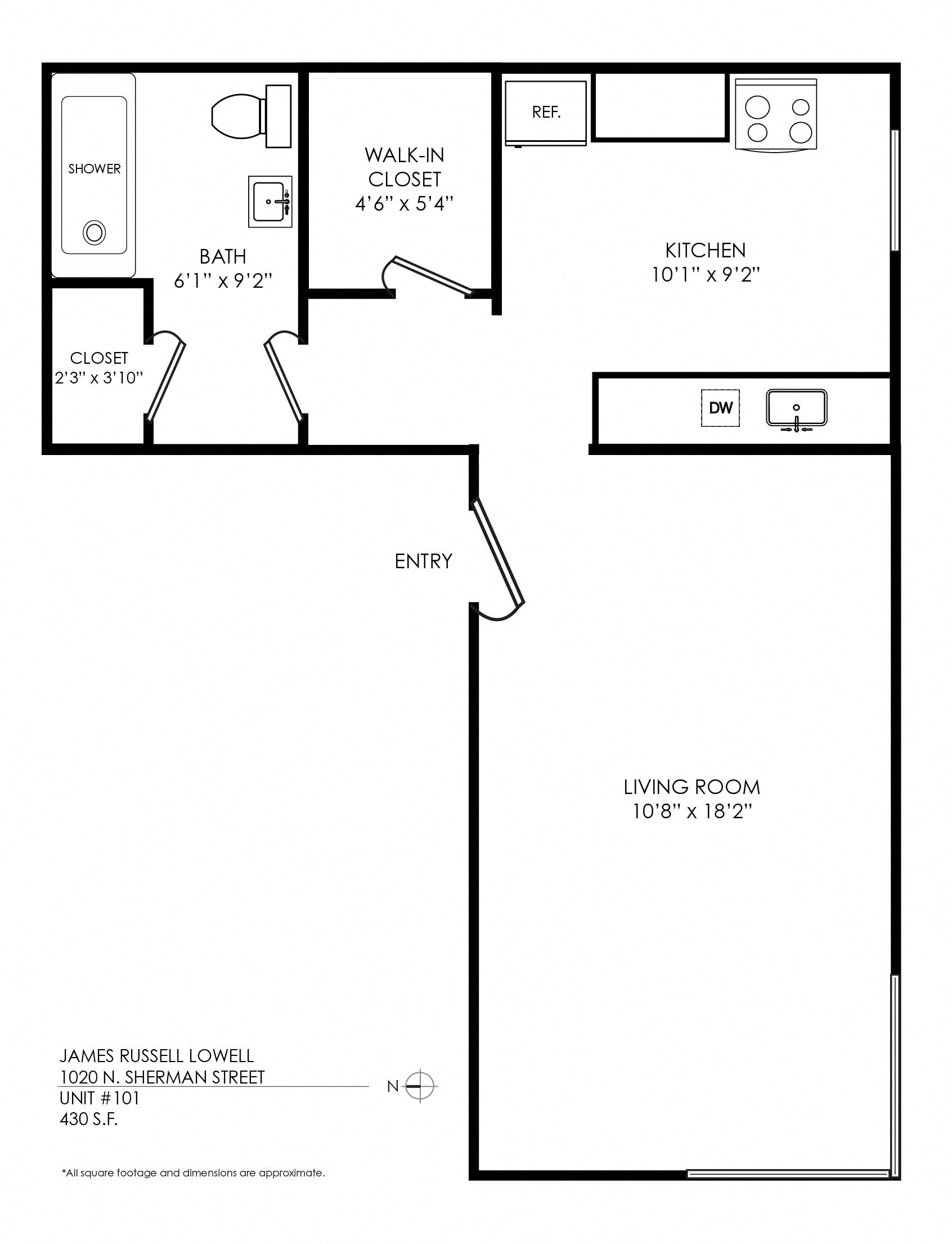 Floor plan for studio, 1 bath, 430 sqft